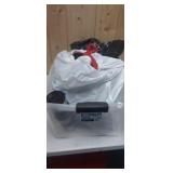 TOTE WITH STAINLESS MUG AND BAG OF CLOTHING