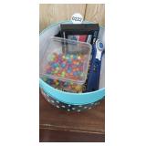 BASKET WITH PUSHPINS, FOLDER CLIPS, ROLLER CUTTER