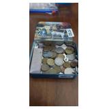 TIN WITH FOREIGN COINS, TOKENS