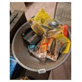 BOWL OF FISHING LURES, LINE, BAIT, PLUS