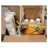 BOX OF BATHROOM GOODIES *RAZORS, CUPS, COTTON PADS