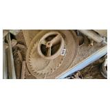 VINTAGE LARGE CIRCULAR SAW BLADES, GEAR, ETC