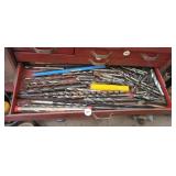 DRAWER FULL OF LARGE DRILL BITS, ETC.