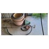 LOT OF PLANTER POTS, PISTON HAND PUMP, ETC.