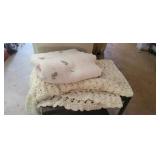 LOT OF PRETTY LINENS,  BLANKETS, ETC