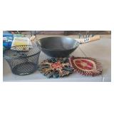 WOK, WIRE BASKET AND 2 TRIVOTS LOT