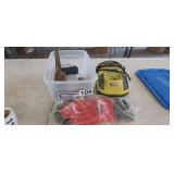 TOTE WITH TOOLS, BATTERY CHARGER, GLOVES, ETC