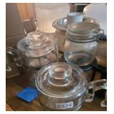 3 GLASS COFFEE CARAFES AND SEALED JAR
