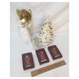 Lot of 5 Christmas Items, Ceramic Lighted Tree, Bu