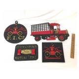 Lot of 3 Fire Plaques and a Cast Metal Truck