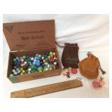Lot of +/- 200 Marbles and 2 Jacks Games in Wood C
