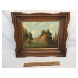 Original Acrylic on Canvas, Harvest Scene, Vintage