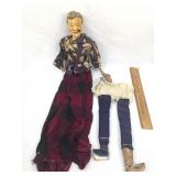Carved Wood Asian Oriental Man Puppet, Vintage or
