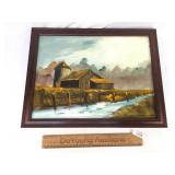 Original Oil on Board Art Painting, Barn by Stream