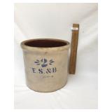 Crock, 2 Gallon, Blue Decorated, E.S.and B., Antiq