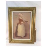 Chromolithograph on Canvas, Woman with Tea, Antiqu