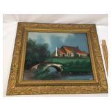 Reverse Painted Glass, Cottage and Stream, Antique