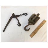 Lot of 2 Items, Wood Pulley and Chain Strap Tool,