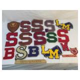 Lot of 16 School Letter Patches and 1 Wood Plaque