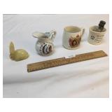 Lot of 3 Pottery Items and a Carved Stone Rabbit,