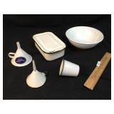 Lot of 5 White Enamelware Items, Vintage or Antiqu