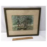Original Watercolor, Stone Building in Woods, Vint