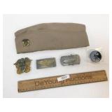 Lot of 5 US Military Items, Hat, Pin, Buckles