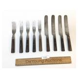 Lot of 9 Wood Handle Forks and Knives, Flatware, A