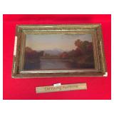 Original Oil on Board Art Painting, River and Moun