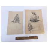 Lot of 2 Original Pencil Sketches, Vintage