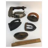 Lot of 4 Sad Irons and a Trivet, Antique