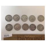 US Coins, Lot of 10 Silver Franklin Half Dollar