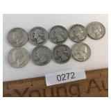 US Coins, Lot of 9 Silver Washington Quarters