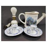 Thomas Kinkade pitcher w/ lamp, candle holders