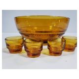 Large amber glass bowl w/ stacking shot glasses