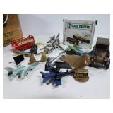 Vintage toy collection with brass car bank