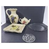 Grape themed pitcher & teapot w/ glass plates