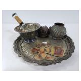 Vintage metal tray with assorted goodies