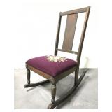 Antique petite wood rocker w/ embroidered seat