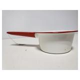 Vintage red and white enamal sauce pan