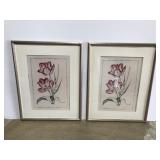 Large framed botanical floral art pair