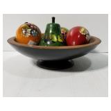 Black wood bowl w/painted wood fruit