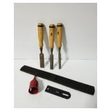 Wood chisels, metal file, hole saw