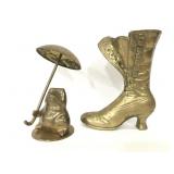 Vintage brass boot and frog with umbrella