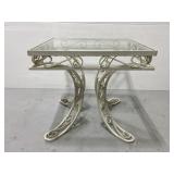 Vintage white cast metal glass top side table
