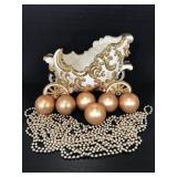 White and gold ceramic sleigh/wagon basket plus