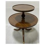 Vintage round two-tiered wood veneer side table