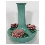 Teal ceramic wide bottomed vase with 3D flowers