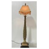 Gold tone palm tree floor lamp w/ beaded shade