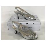 Pair of Caparros silver rhinestone open toed heels